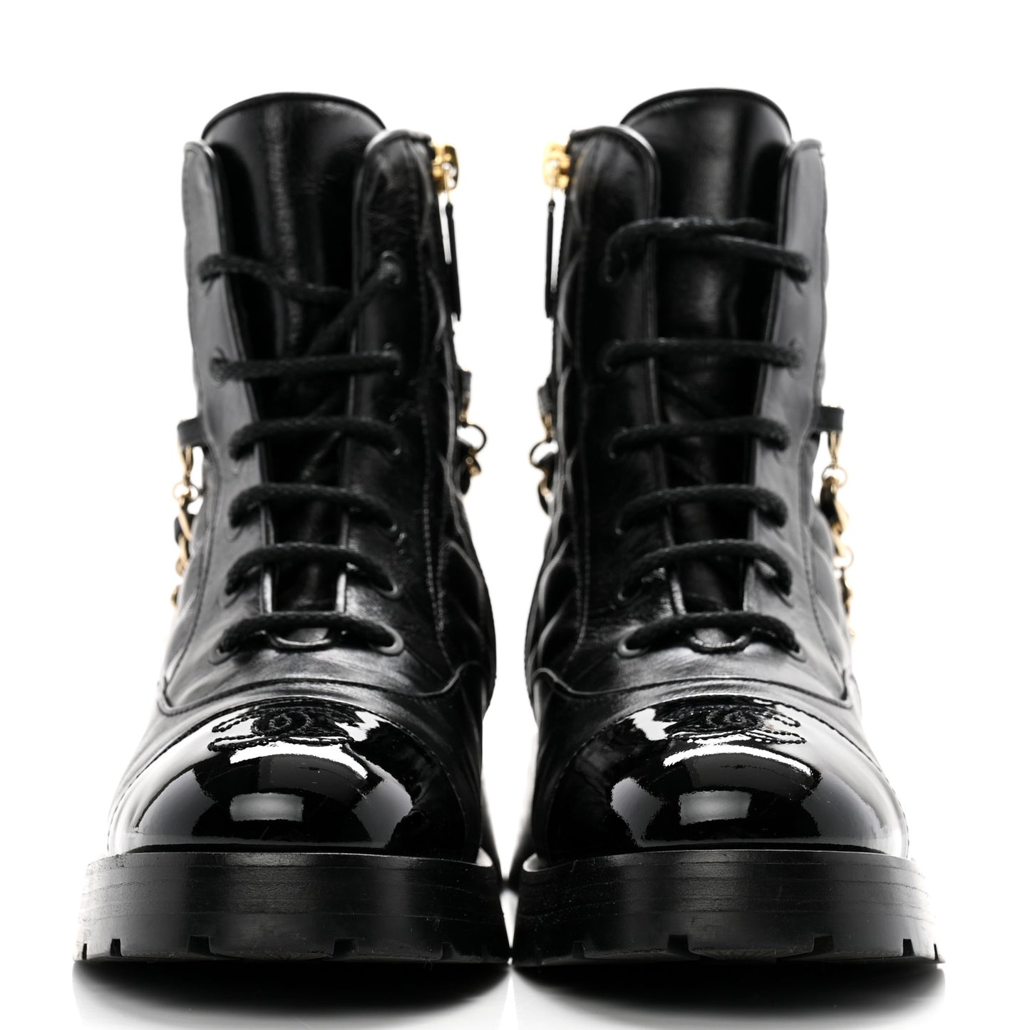 Shiny Calfskin Patent Quilted Chain Lace Up Combat Boots 36 Black