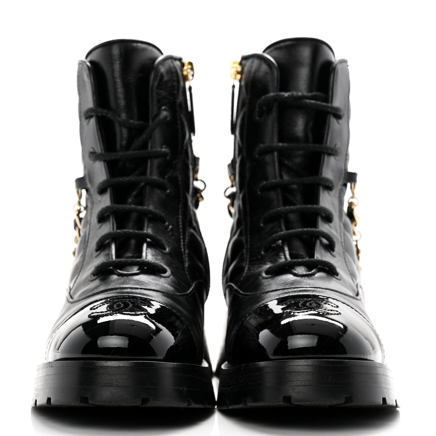 Chanel Shiny Calfskin Patent Quilted Chain Lace Up Combat Boots 36 Black 2 of 12