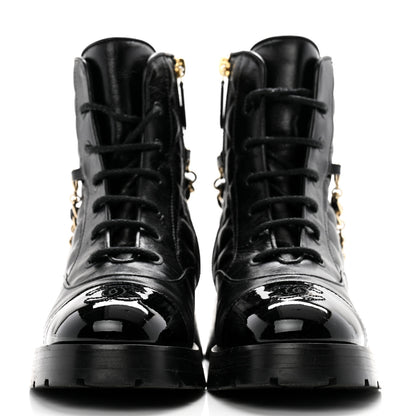 Chanel Shiny Calfskin Patent Quilted Chain Lace Up Combat Boots 36 Black 2 of 12