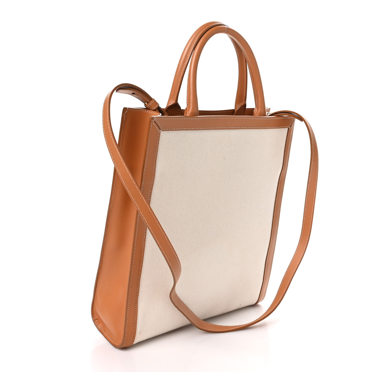 Celine Canvas Calfskin Logo Print Small Vertical Cabas Natural Tan 2 of 9
