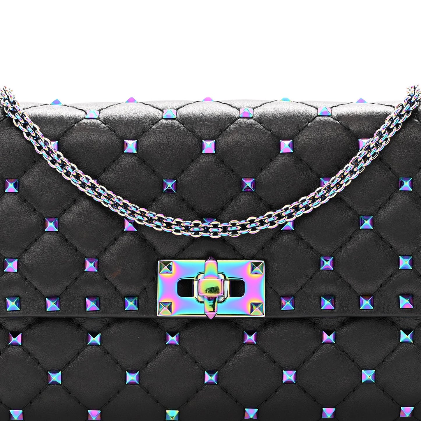 Lambskin Oil Slick Rockstud Spike Wallet on Chain Black