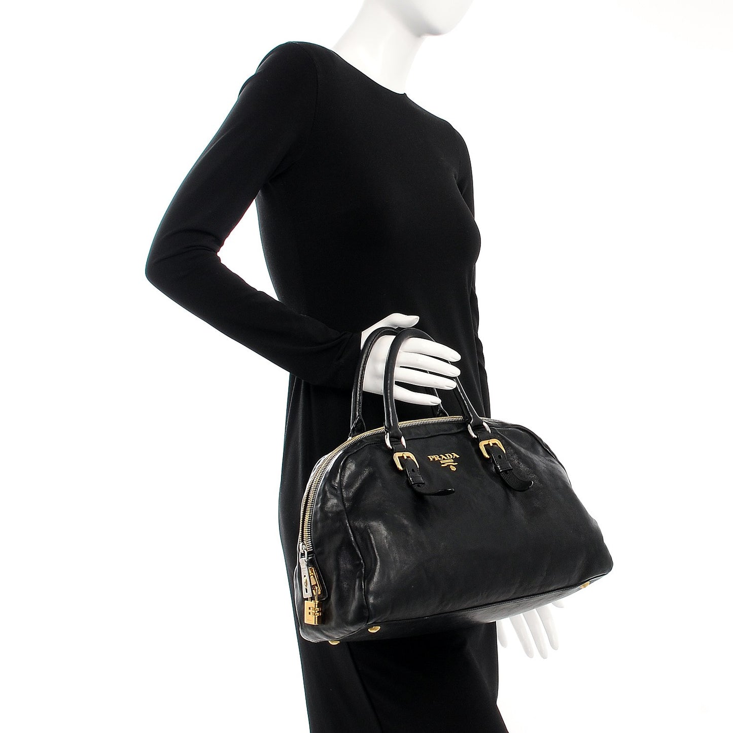 Glace Calf Zippers Dome Satchel Black