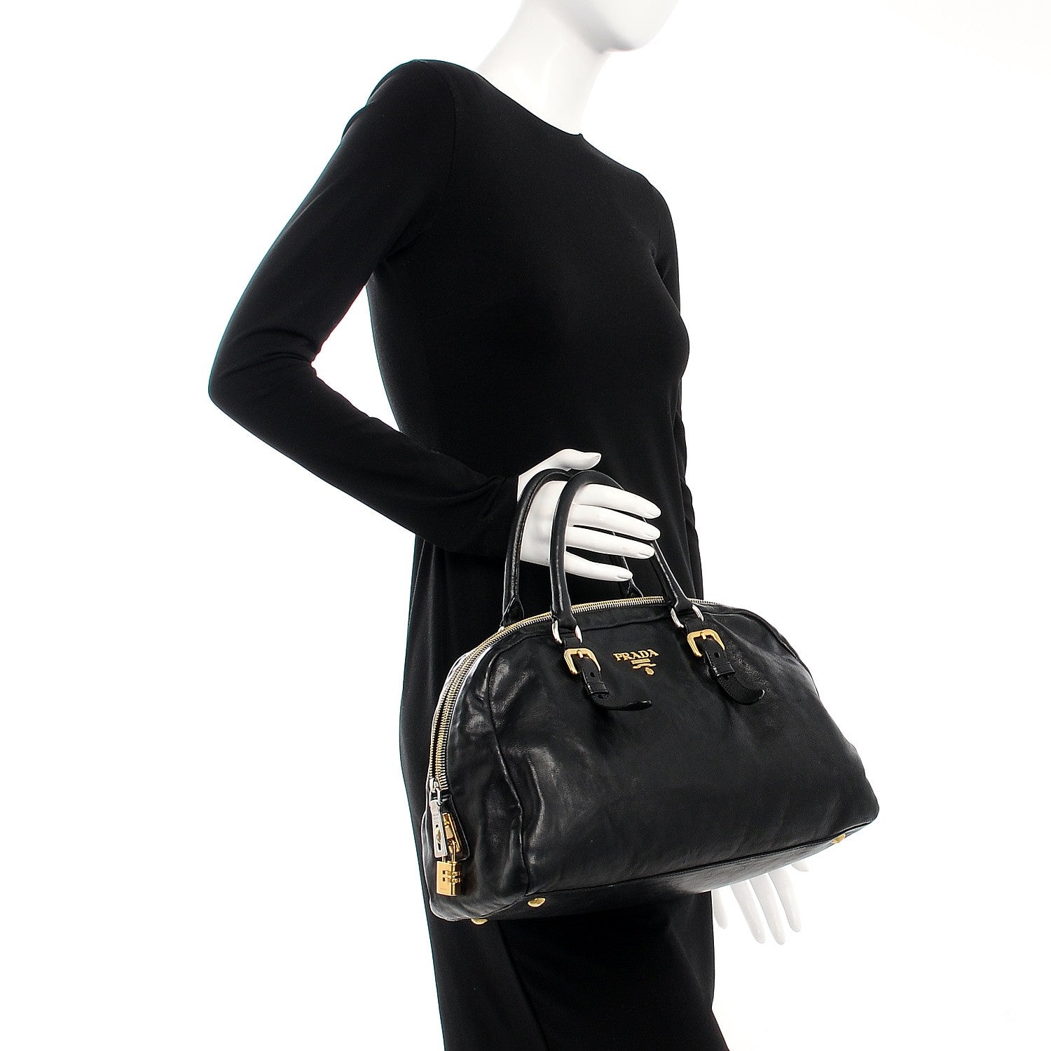 Prada Glace Calf Zippers Dome Satchel Black 2 of 15