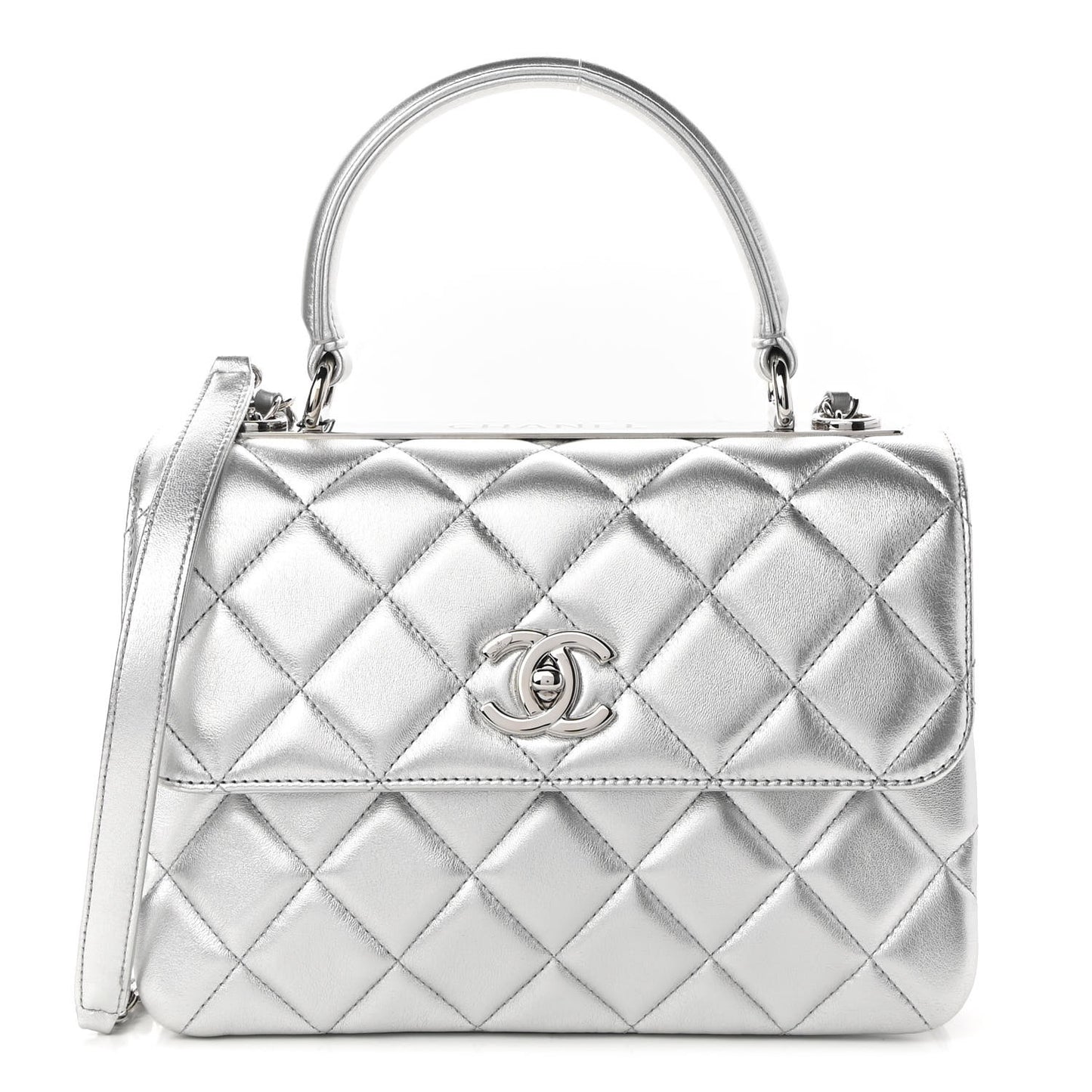 Metallic Lambskin Quilted Small Trendy CC Flap Dual Handle Bag Silver