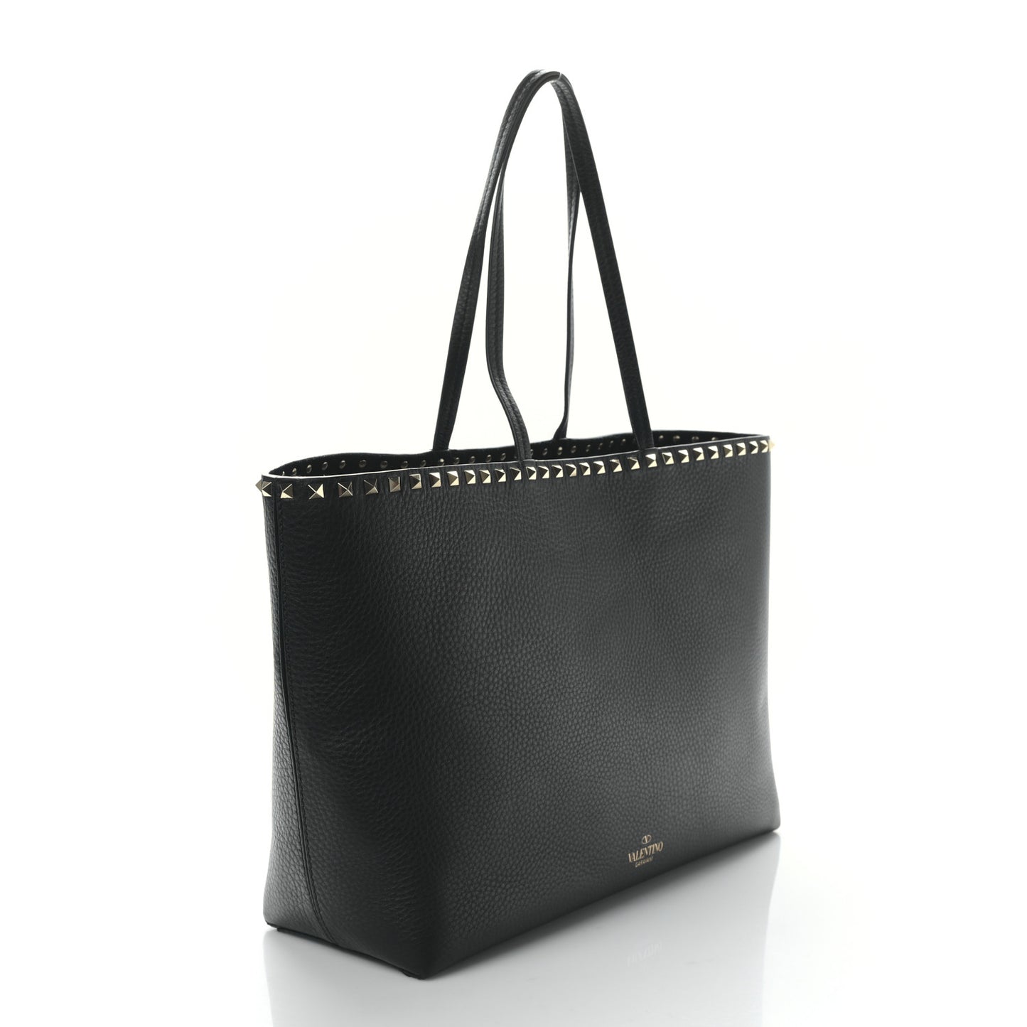 Grained Calfskin Rockstud Shoulder Tote Black
