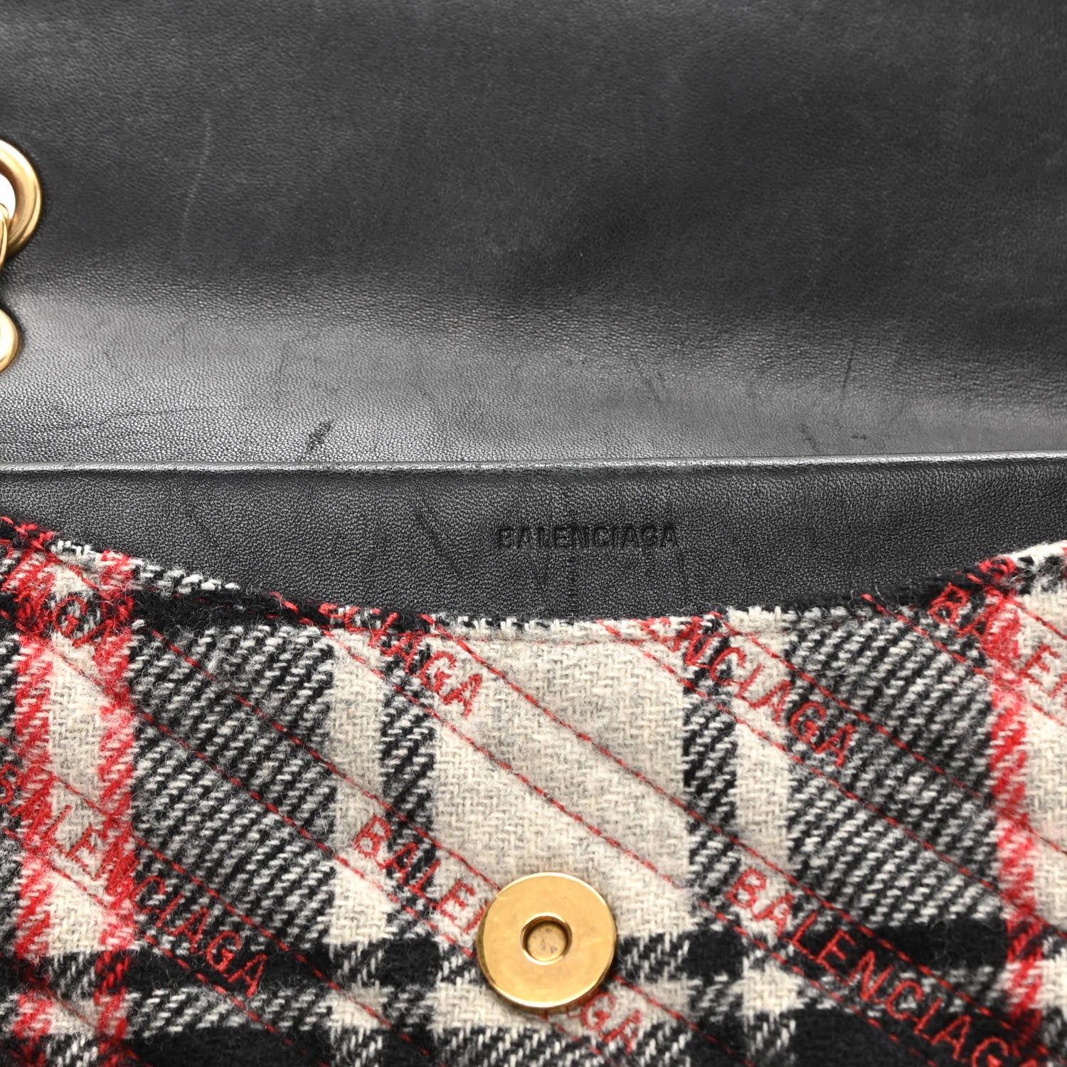 Balenciaga Wool Plaid Diagonal Allover Logo Matelasse M BB Round Shoulder Bag Black White Red 13 of 13