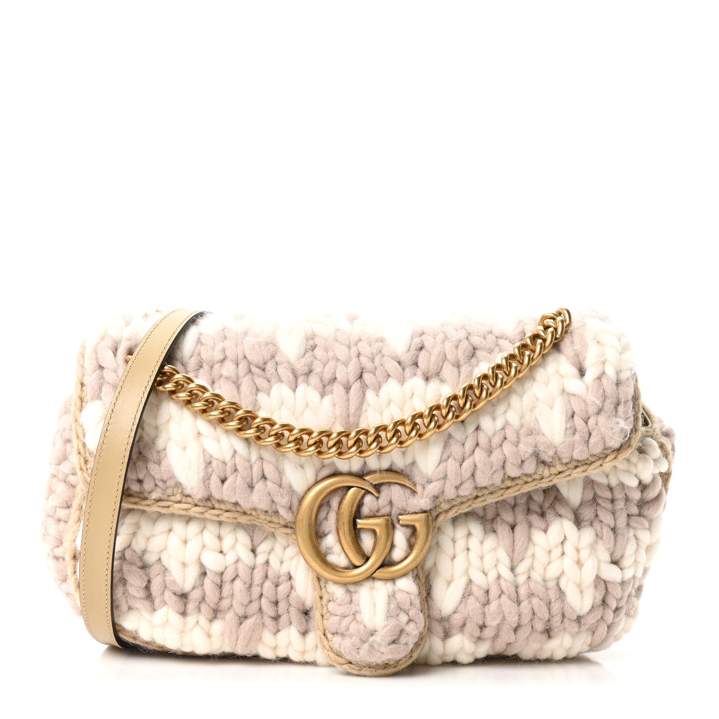 Wool Houndstooth Woven Small GG Marmont Shoulder Bag Beige White Sand