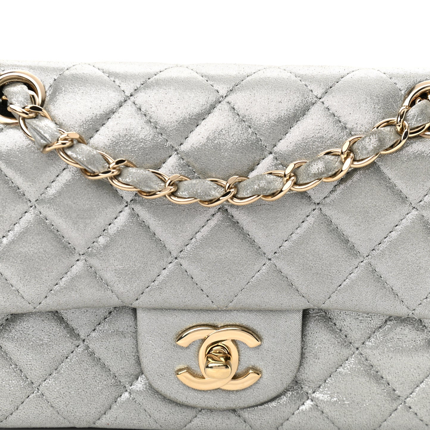 Iridescent Calfskin Quilted Mini Rectangular Flap Silver