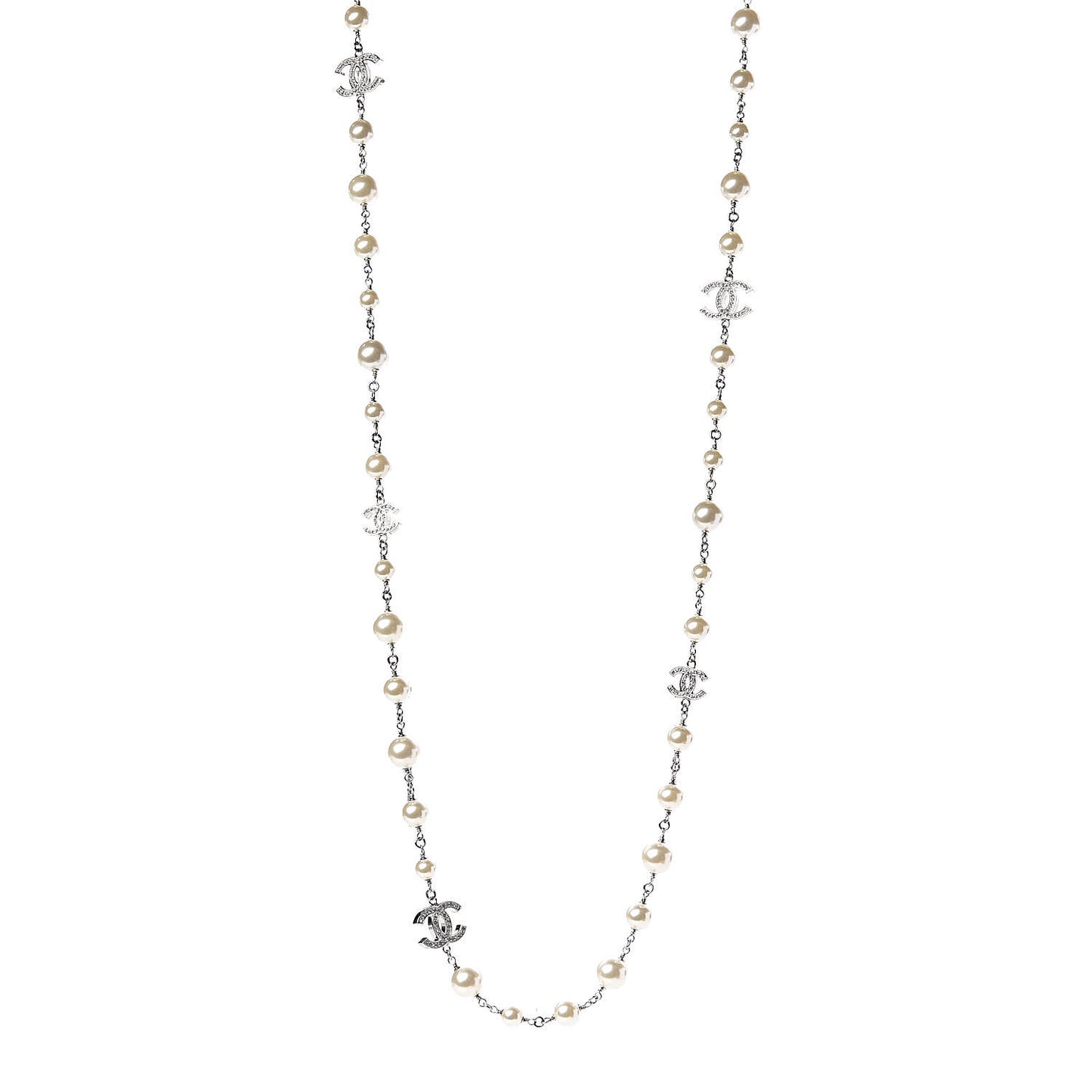 Graduated Pearl Crystal CC Long Necklace Silver