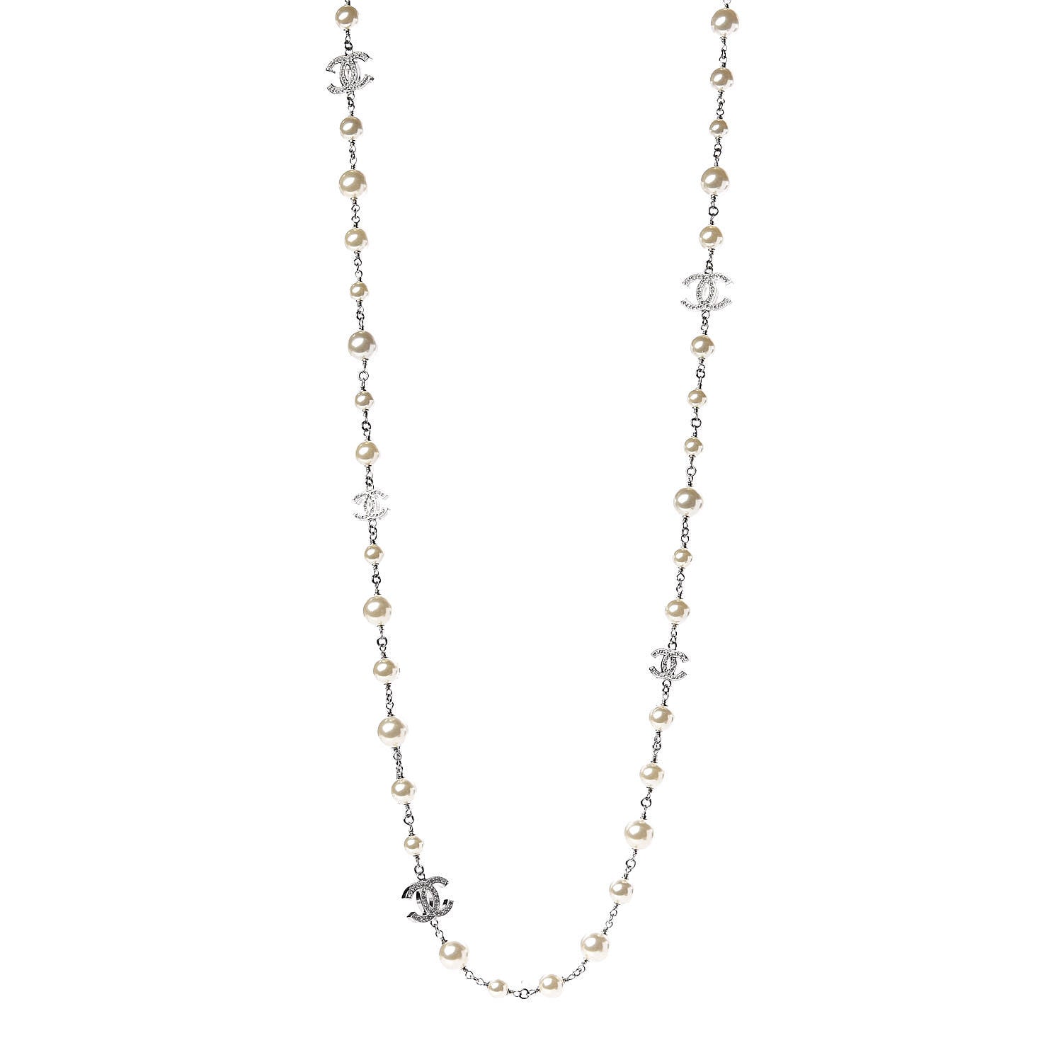 Chanel Graduated Pearl Crystal CC Long Necklace Silver 1 of 5
