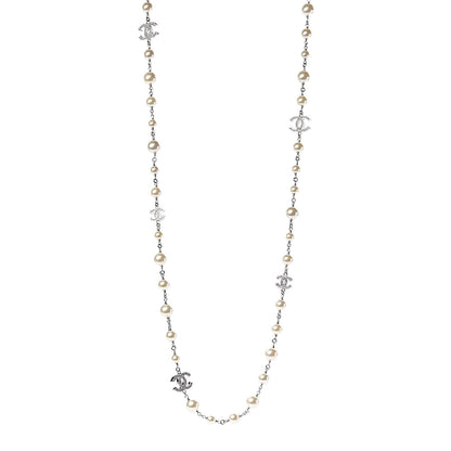 Chanel Graduated Pearl Crystal CC Long Necklace Silver 1 of 5