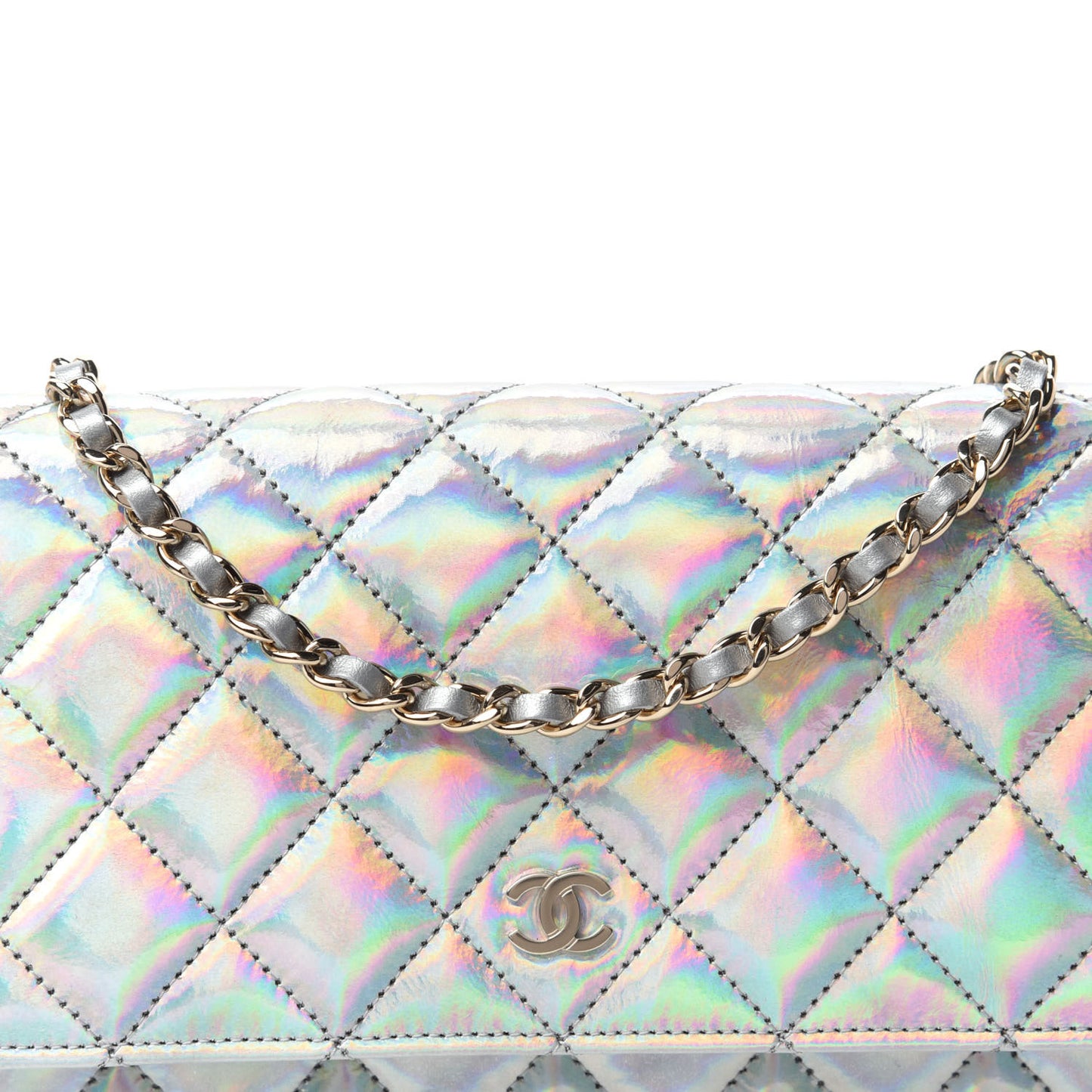 Iridescent Goatskin Quilted Wallet On Chain WOC Silver