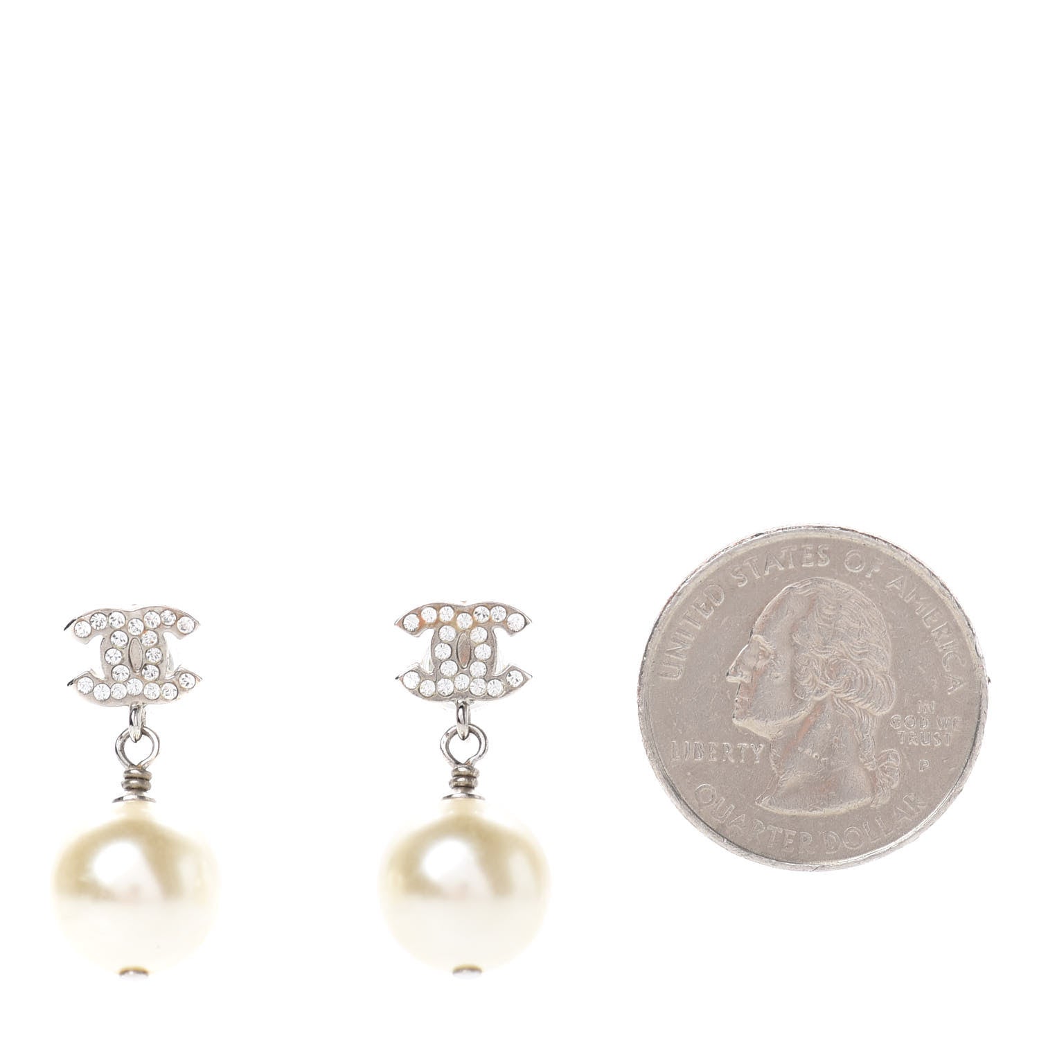 Chanel Crystal Pearl CC Drop Earrings Silver Pearly White 2 of 4