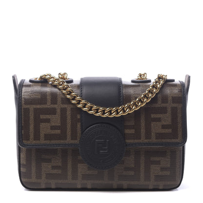 Fendi Glazed Fabric Vitello Century FF 1974 Stamp Patch Mini Double F Crossbody Bag Mogano Panna Black 1 of 9
