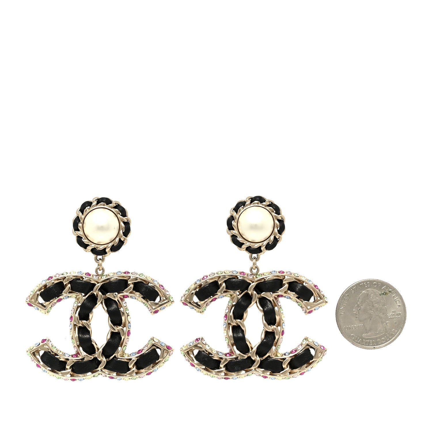 Chanel Pearl Lambskin Crystal Chain CC Drop Earrings Black Gold Multicolor 2 of 5