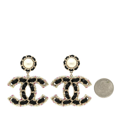 Chanel Pearl Lambskin Crystal Chain CC Drop Earrings Black Gold Multicolor 2 of 5