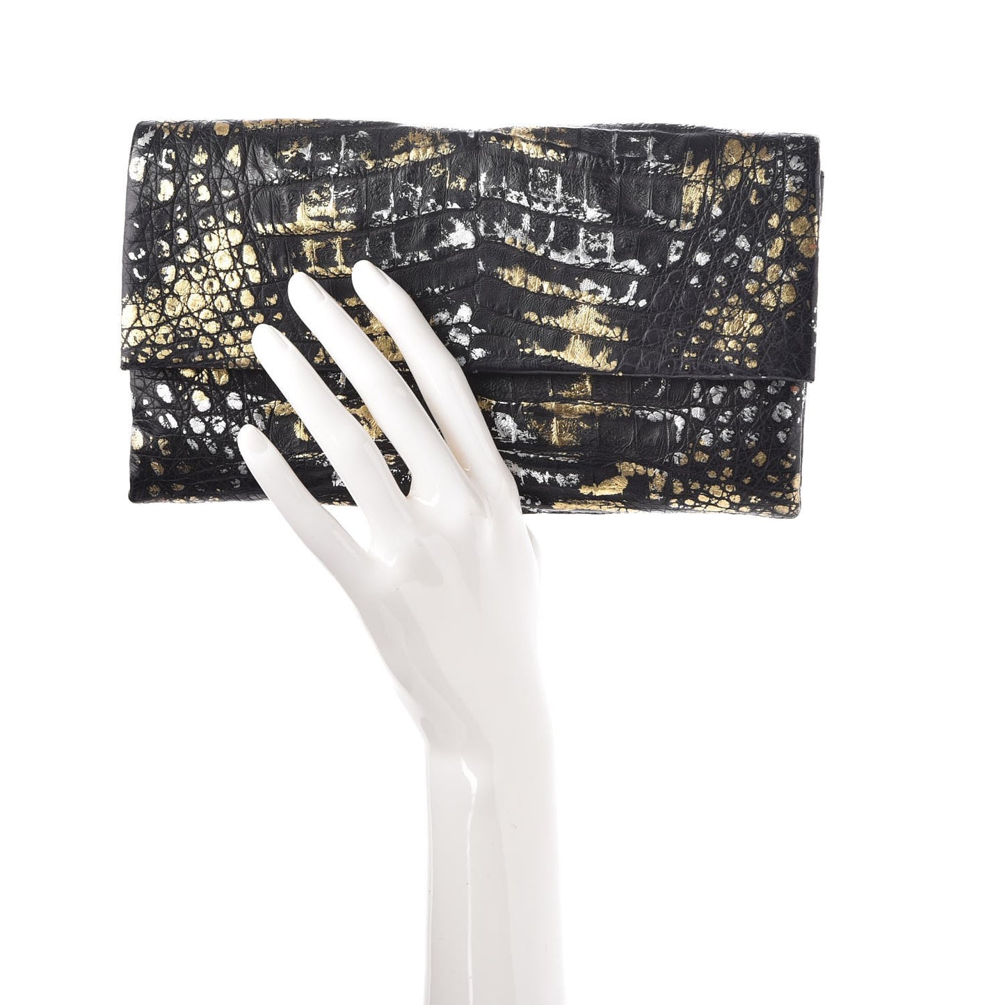 Metallic Crocodile Clutch Black Gold