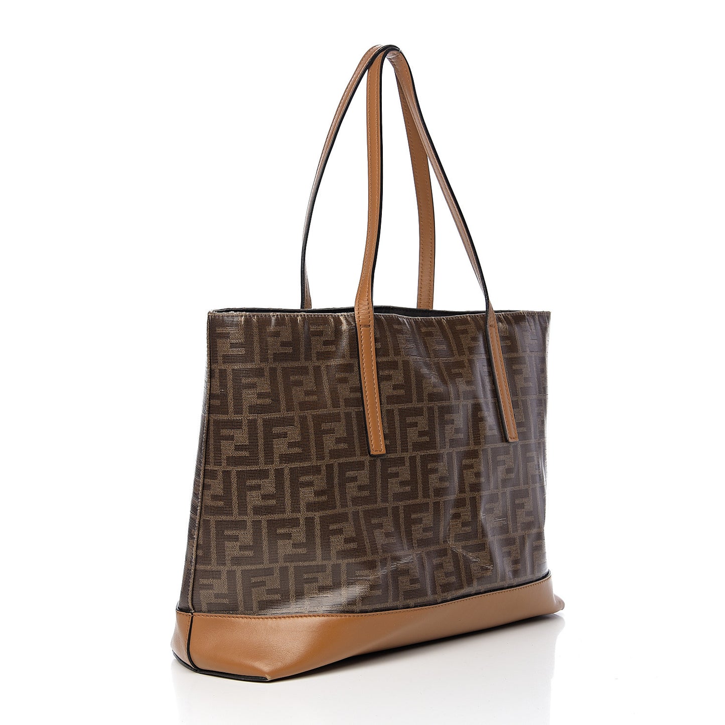 Glazed Fabric Vitello Century FF 1974 Stamp Patch Shopping Tote Mogano Panna Caramello