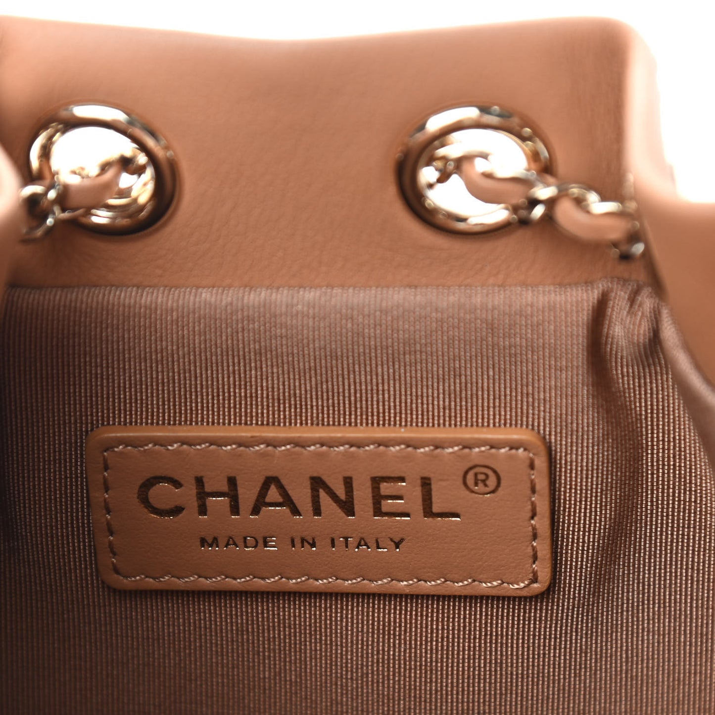 Calfskin Stitched Chain Bucket Bag Camel