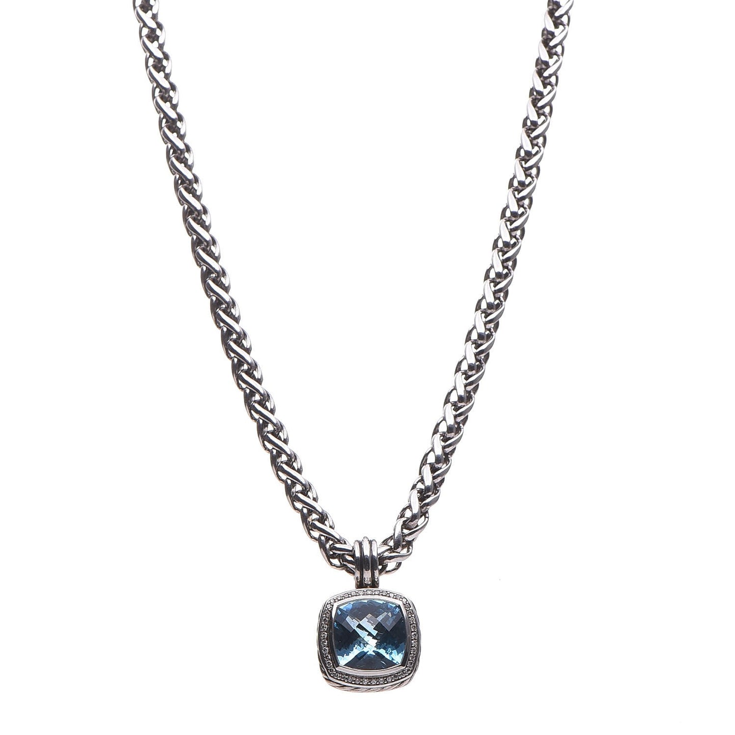 Sterling Silver Diamond Blue Topaz 14mm Albion Enhancer Pendant Wheat Chain Necklace