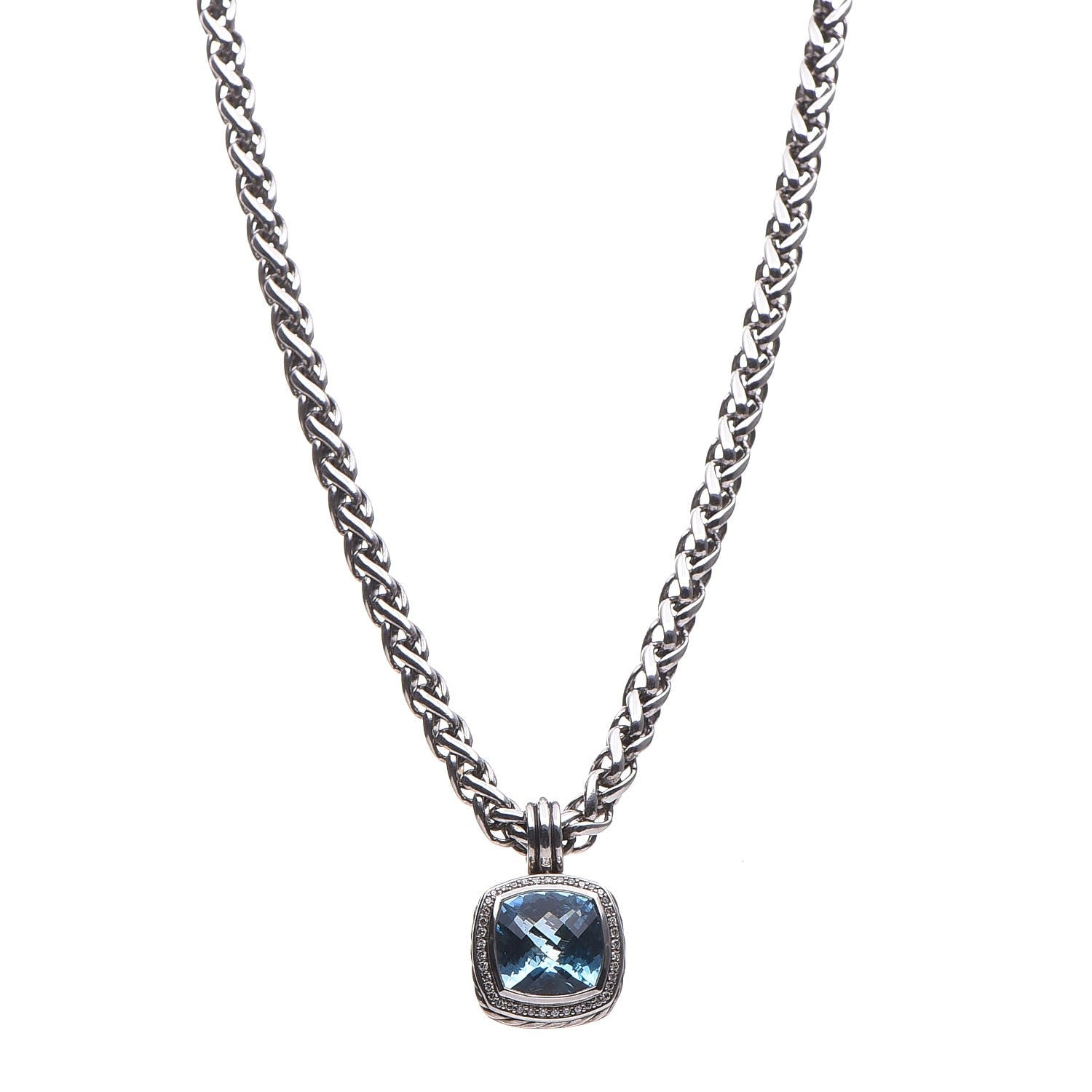 David Yurman Sterling Silver Diamond Blue Topaz 14mm Albion Enhancer Pendant Wheat Chain Necklace 1 of 6