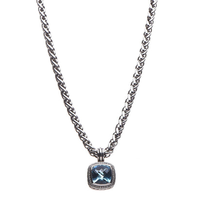 David Yurman Sterling Silver Diamond Blue Topaz 14mm Albion Enhancer Pendant Wheat Chain Necklace 1 of 6
