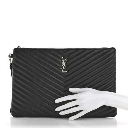 Saint Laurent Calfskin Matelasse Chevron Cassandre Monogram Document Holder Earth 2 of 11