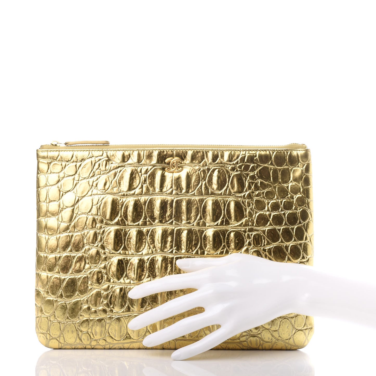 Metallic Calfskin Crocodile Embossed Medium Cocodile Cosmetic Case Gold
