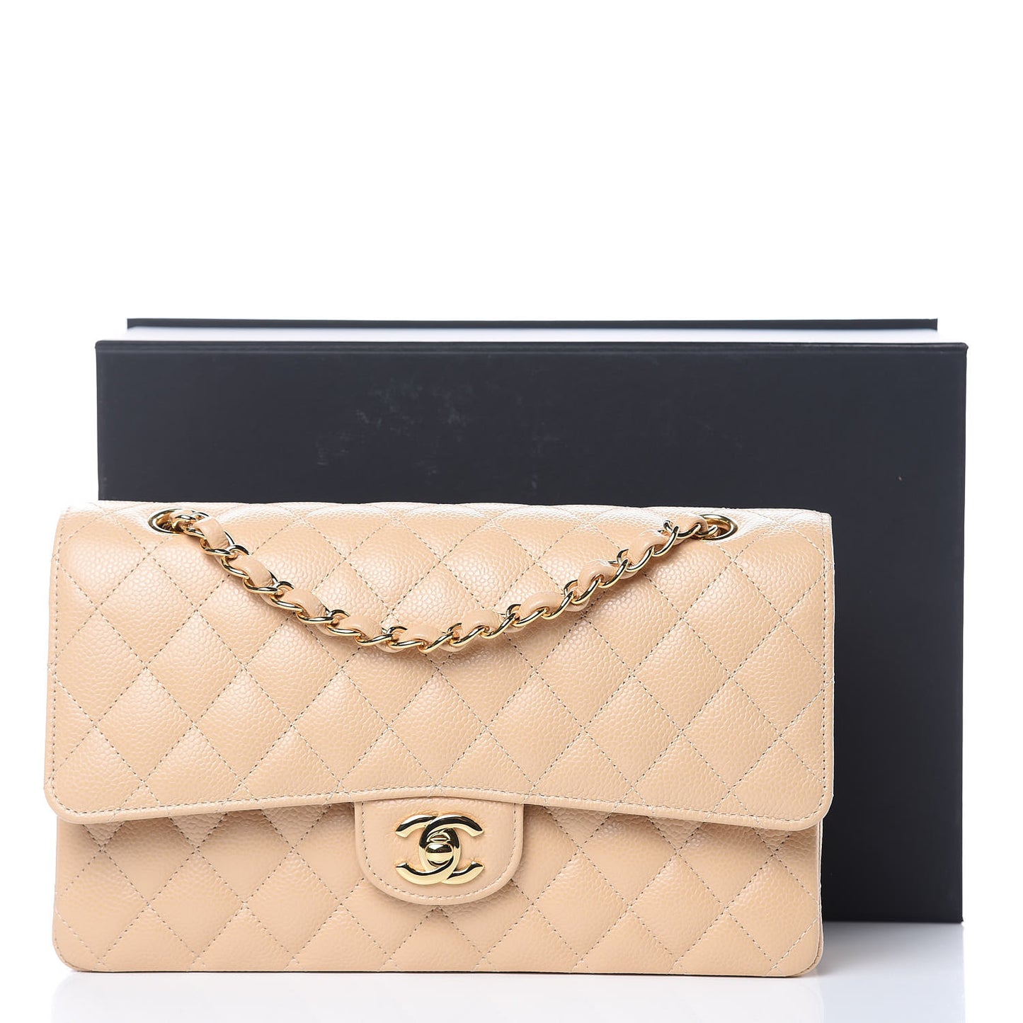 Caviar Quilted Medium Double Flap Beige