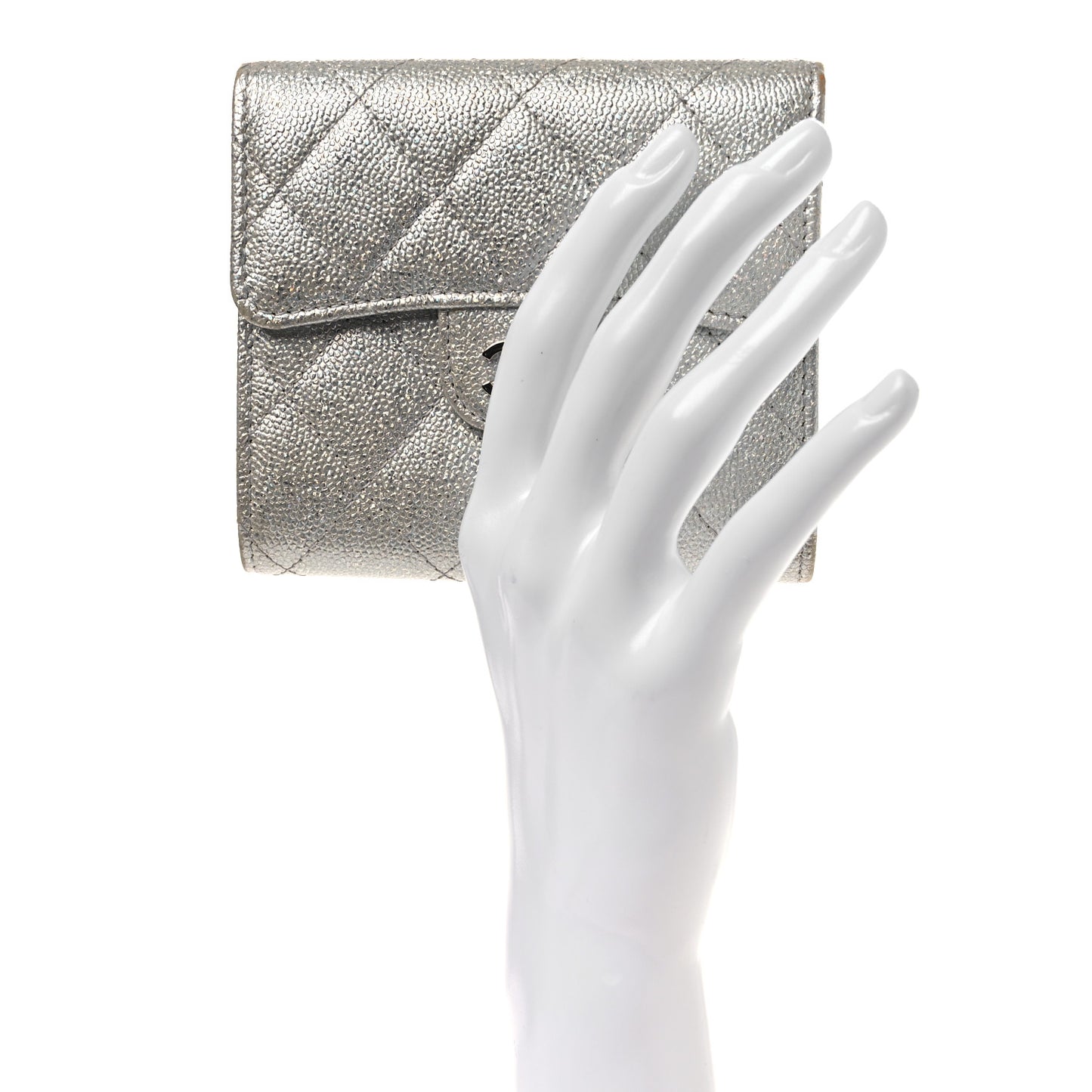 Metallic Caviar Quilted Compact Flap Wallet Silver
