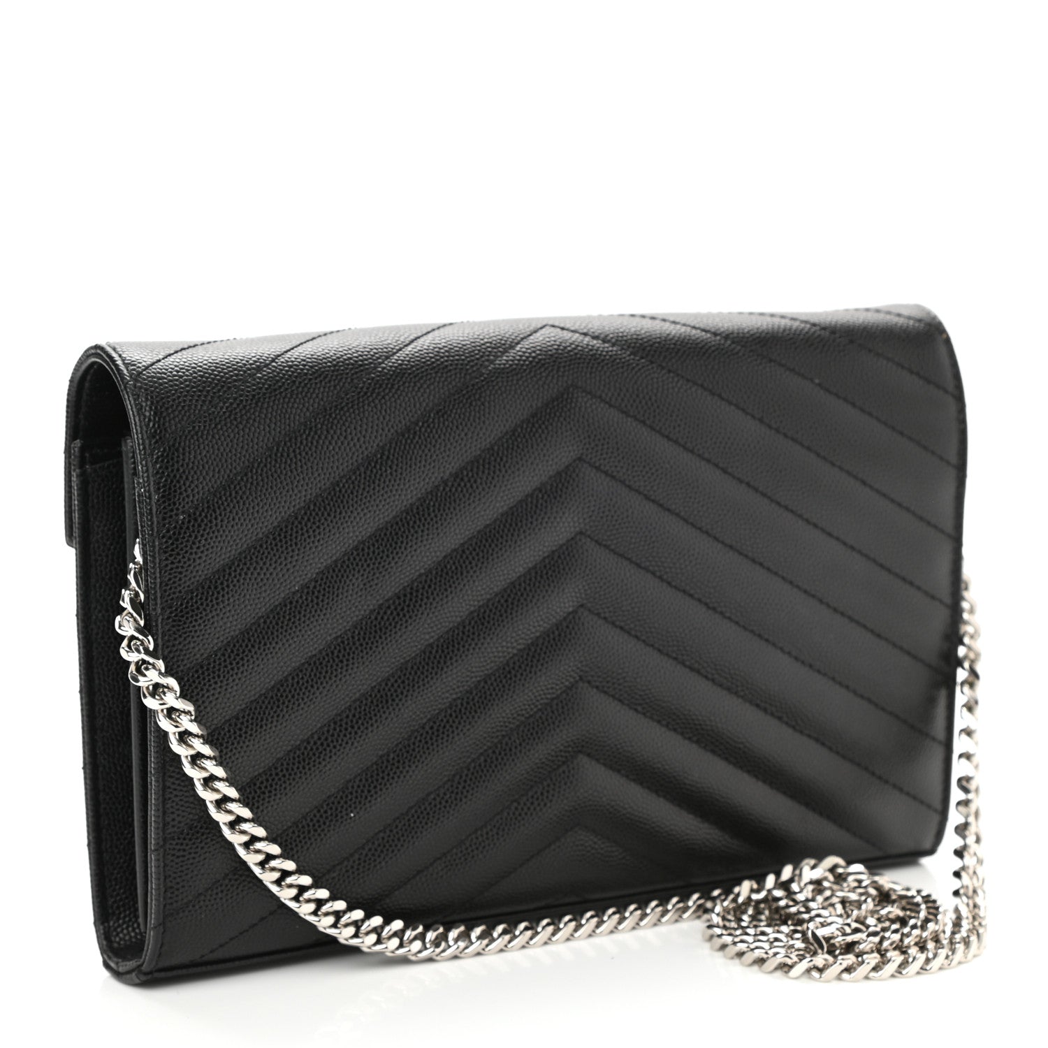 Saint Laurent Grain De Poudre Matelasse Chevron Monogram Chain Wallet Black 3 of 9
