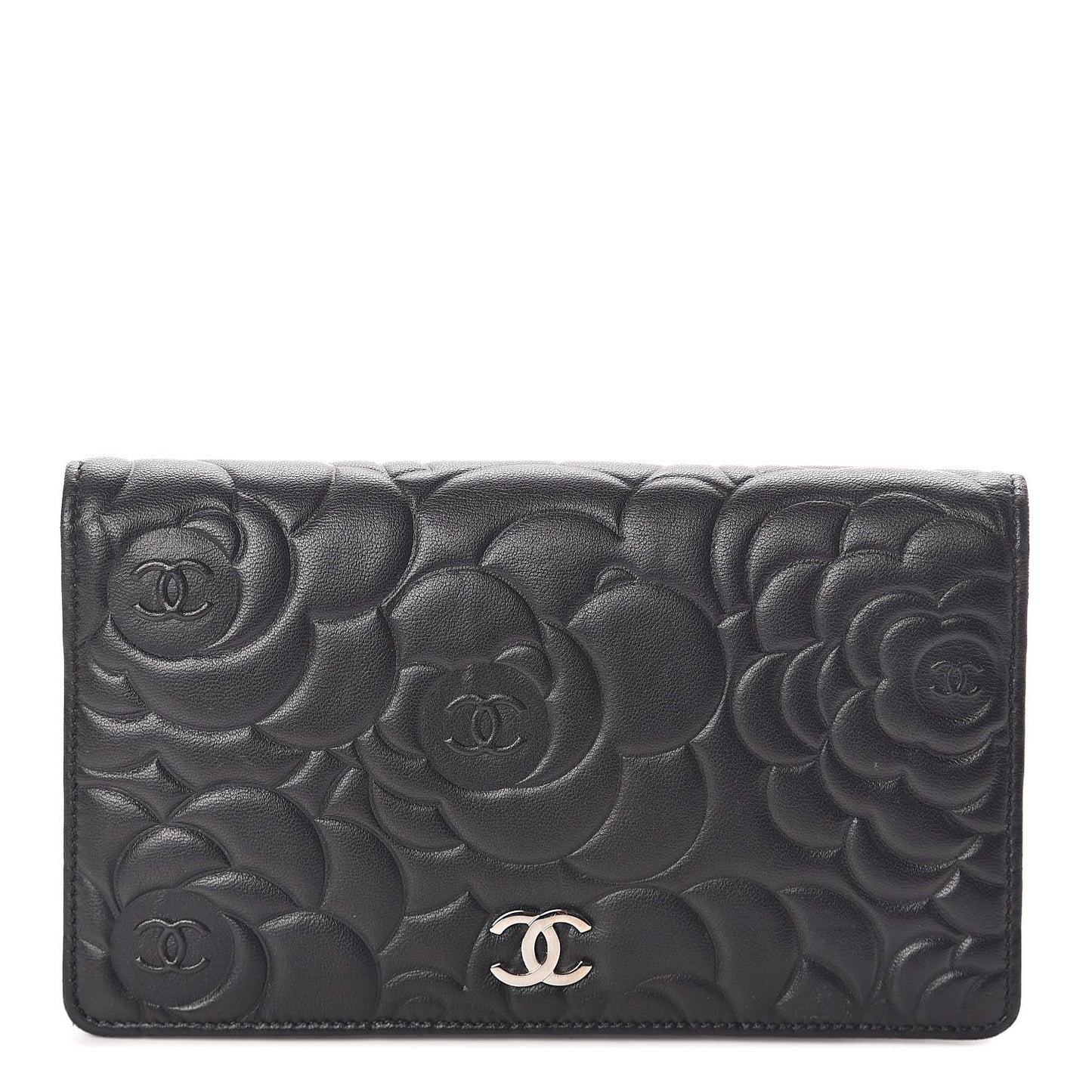 Lambskin Camellia Embossed Yen Wallet Black