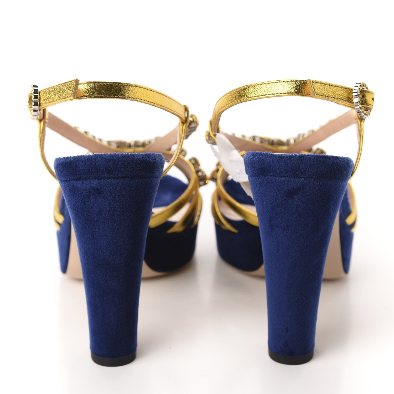 Gucci Velvet Nappa Crystal Zephyra Slingback Platform High Heel Sandals 36 Blue Gold 5 of 9