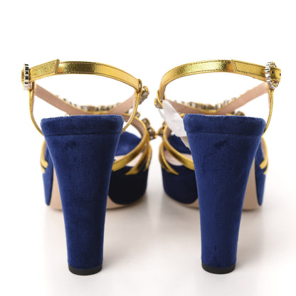 Gucci Velvet Nappa Crystal Zephyra Slingback Platform High Heel Sandals 36 Blue Gold 5 of 9