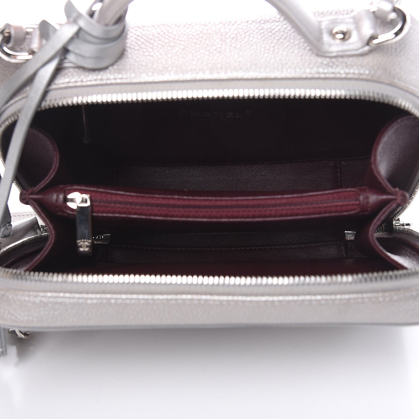 Metallic Caviar Quilted Medium CC Filigree Vanity Case Silver