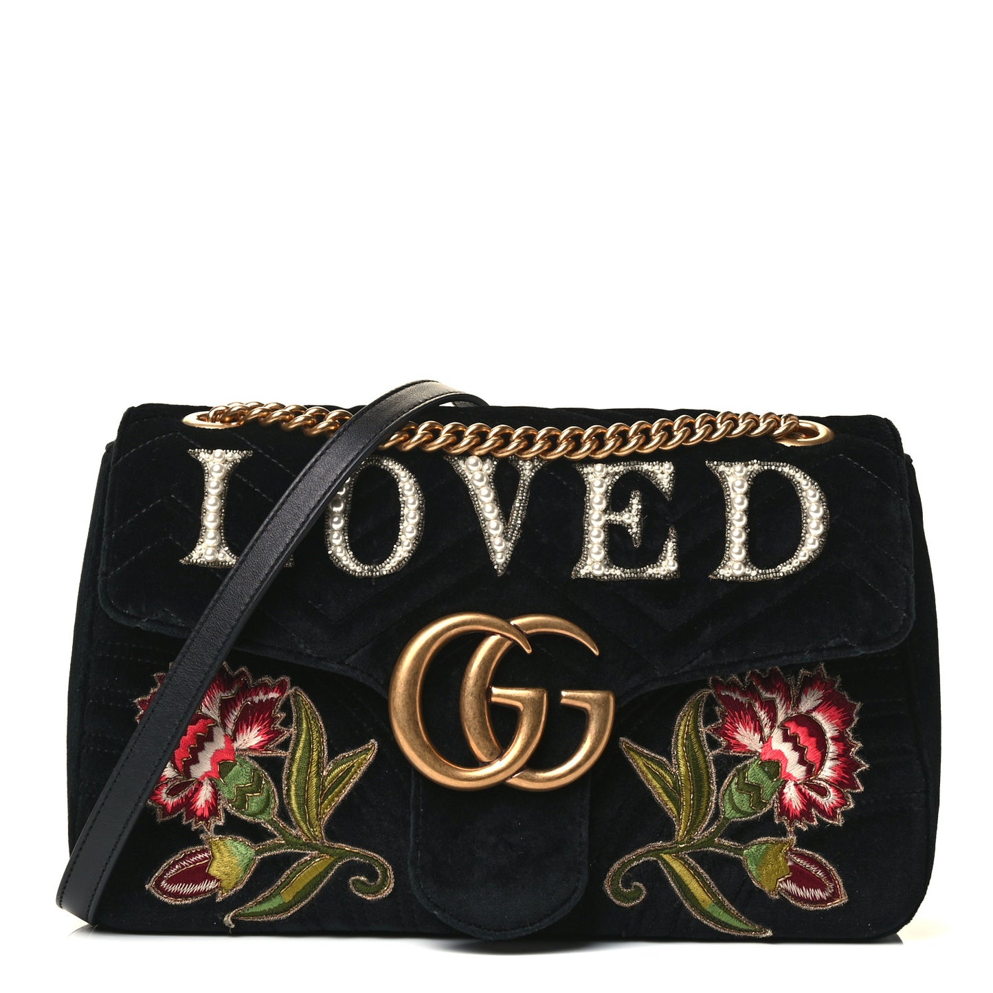 Velvet Matelasse Loved Embroidered Medium GG Marmont Shoulder Bag Black