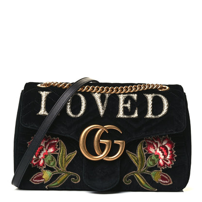 Gucci Velvet Matelasse Loved Embroidered Medium GG Marmont Shoulder Bag Black 1 of 4