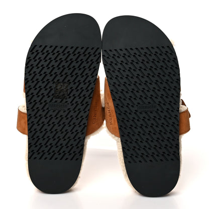 Hermes Suede Goatskin Woolskin Womens Chypre Sandals 38 Brun Fume Ecru 5 of 7