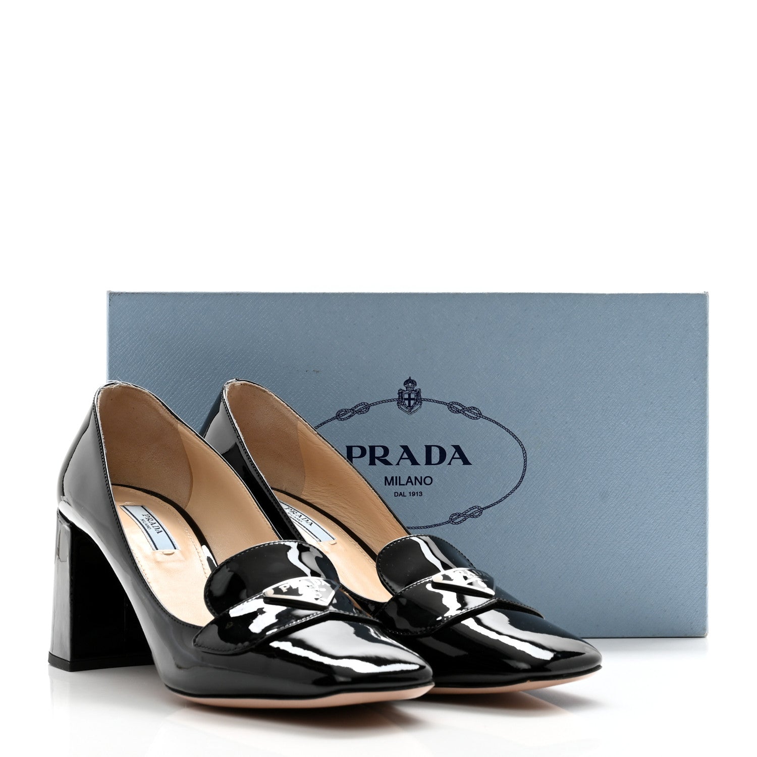 Prada Vernice Metal Triangle Logo 70mm Loafer Pumps 39.5 Black 10 of 10