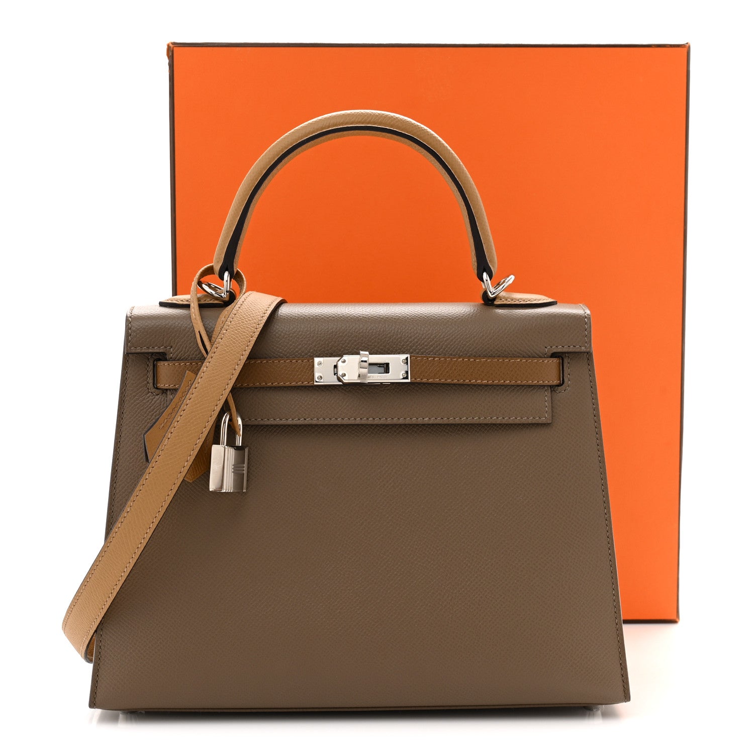 HERMES エルメス　リネン　シルク混　レザー　セリエ　ベージュ グレー57 Hermes Epsom Tri-Color Kelly Sellier 25 Etoupe Alezan Biscuit