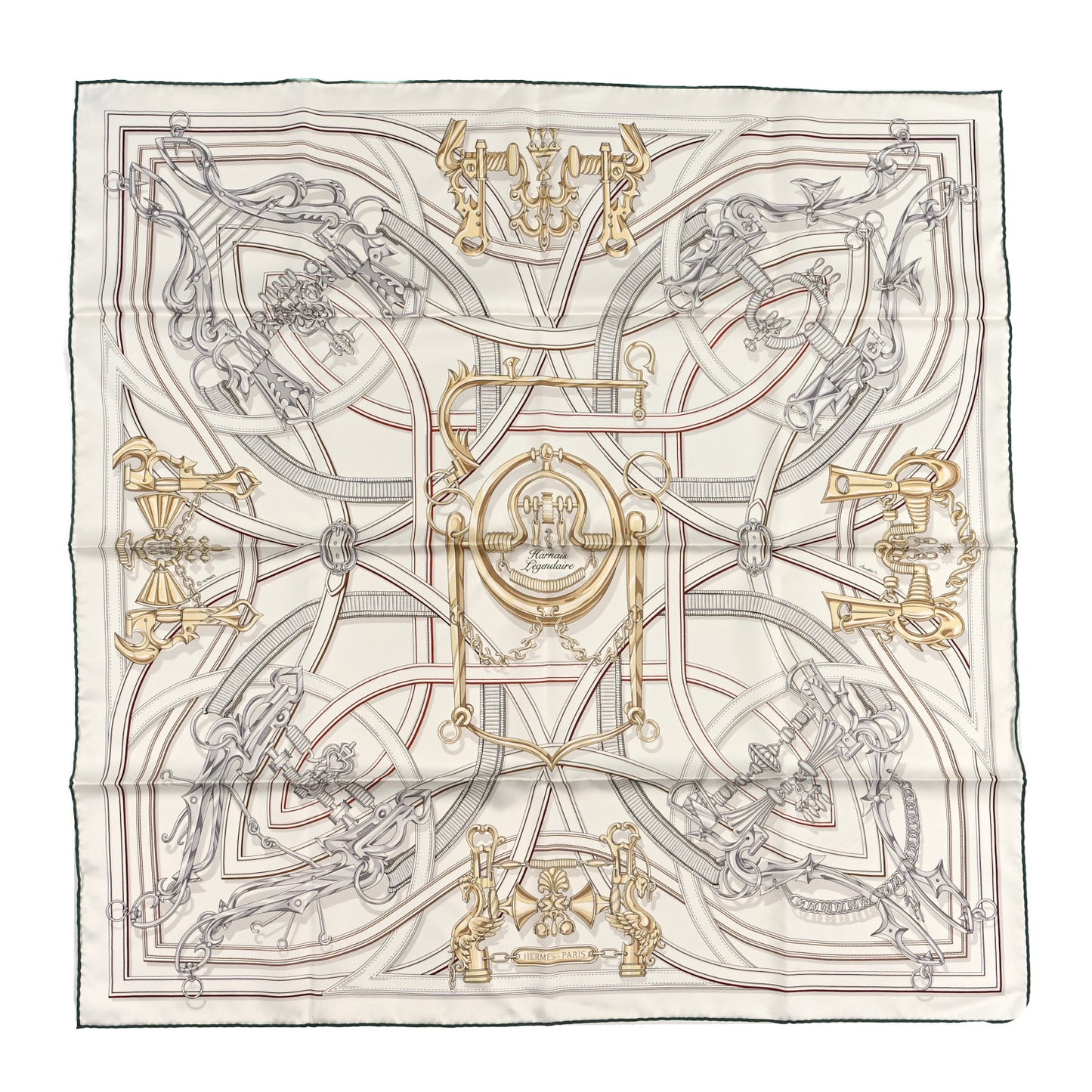 Silk Harnais Legendaire Scarf 90 White Gris Perle Rouge H