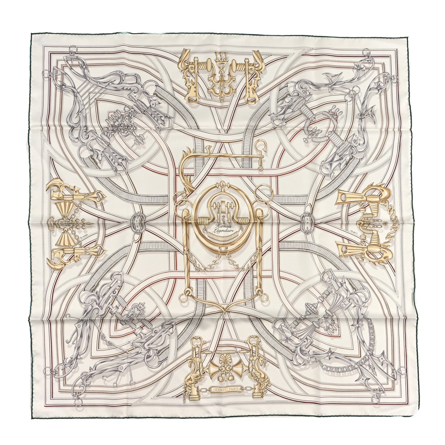 Hermes Silk Harnais Legendaire Scarf 90 White Gris Perle Rouge H 1 of 3