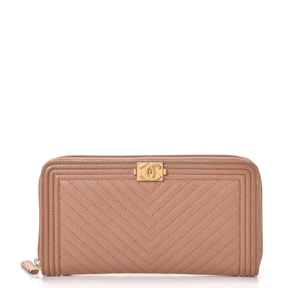 Chanel Caviar Chevron Zip Around Boy Wallet Light Brown 1 of 9
