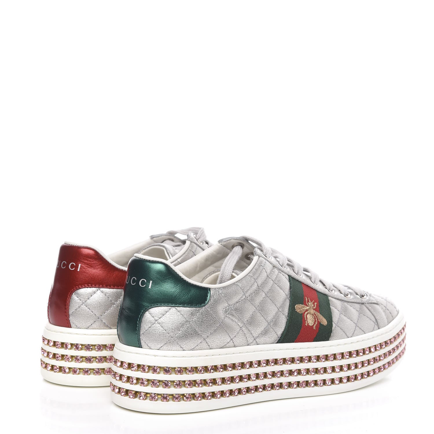 Gucci Laminated Nappa Crystal Web Bee Embroidered Trapuntata Womens Ace Platform Sneakers 37 Argento 4 of 9