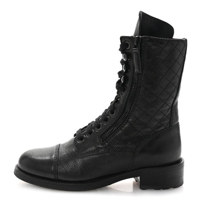 Chanel Sheepskin Quilted CC Tall Lace Up Combat Boots 35 Black 1 of 10