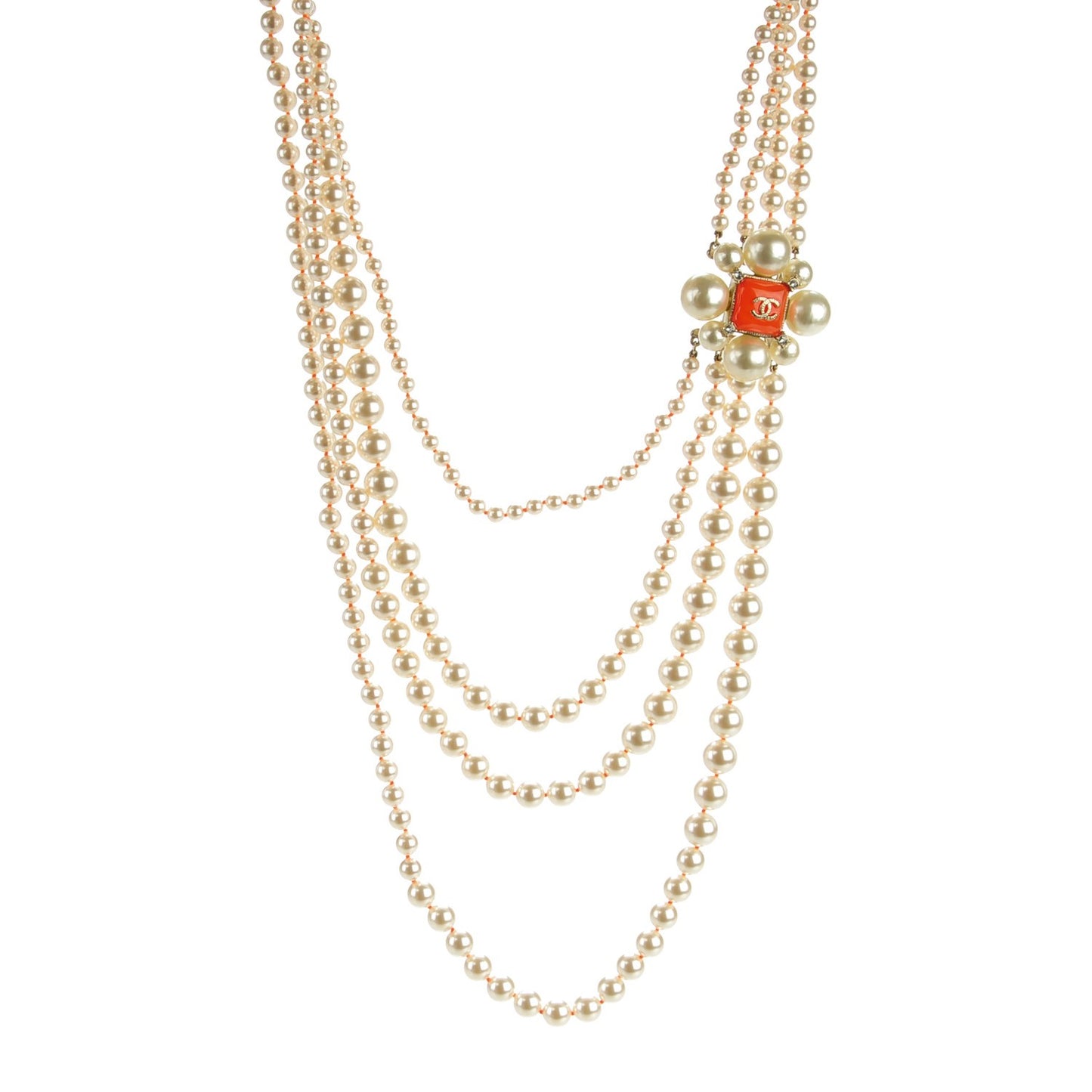 Pearl Crystal Gripoix CC Multi Strand Necklace Orange Gold