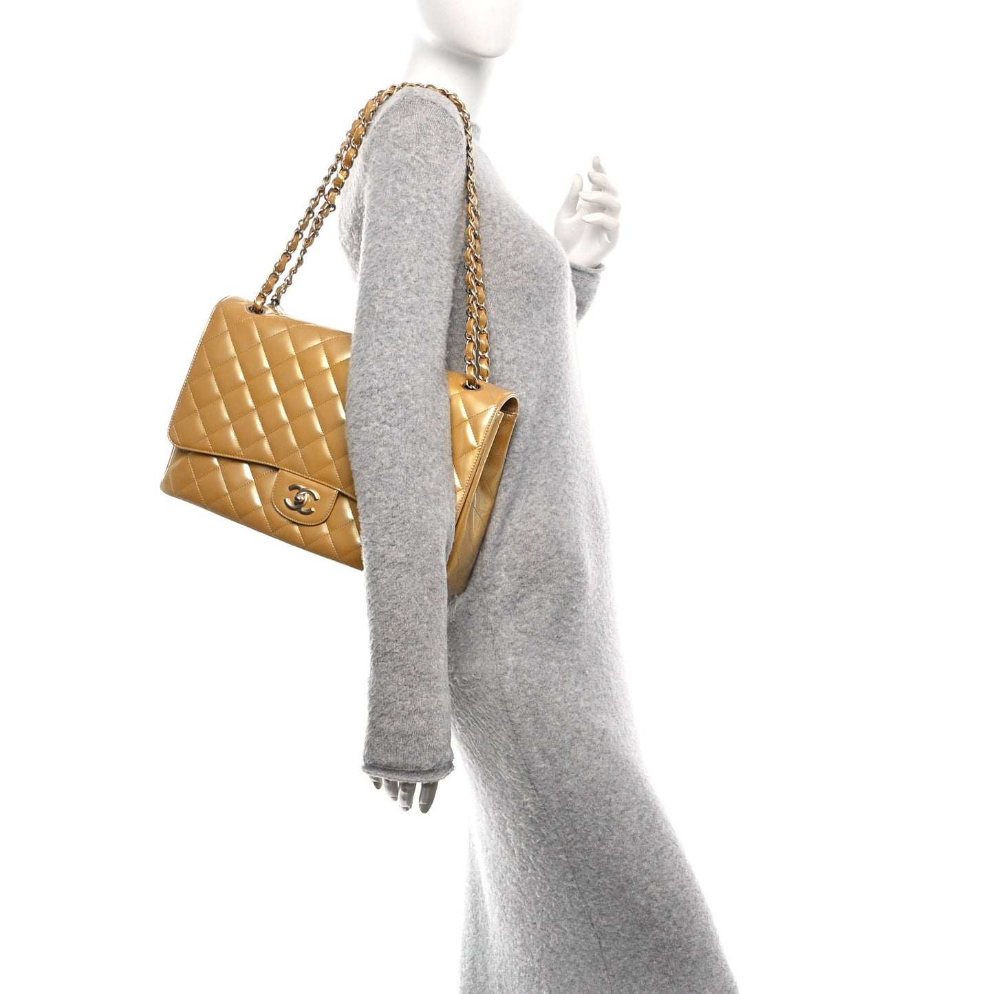 Metallic Patent Quilted Maxi Single Flap Beige