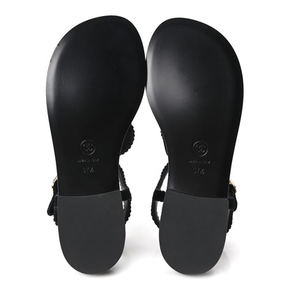 Chanel Velvet Pearl Camellia Thong Sandals 37.5 Black 6 of 10