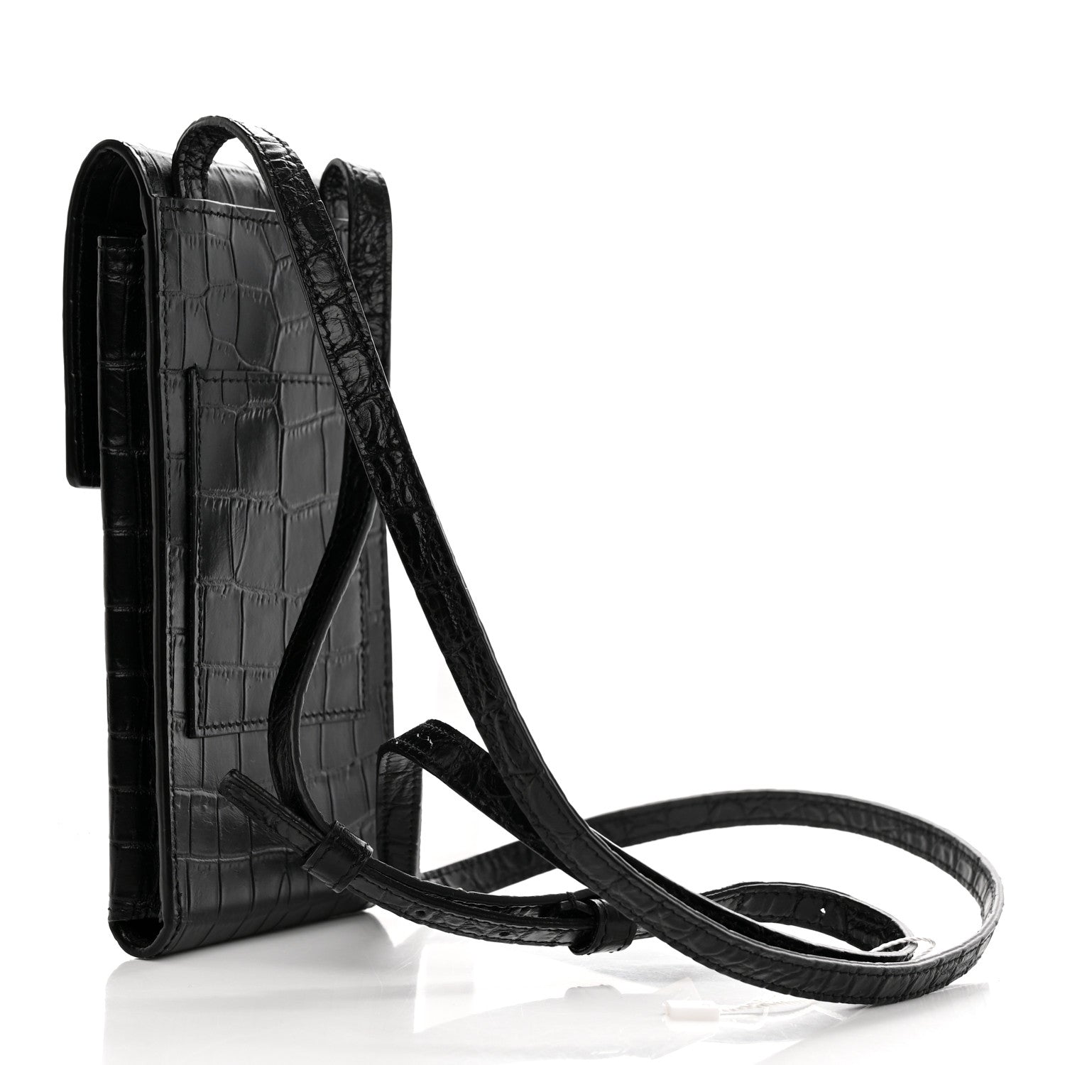 Saint Laurent Calfskin Crocodile Embossed Phone Holder Crossbody Black 3 of 13