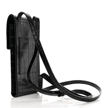 Saint Laurent Calfskin Crocodile Embossed Phone Holder Crossbody Black 3 of 13